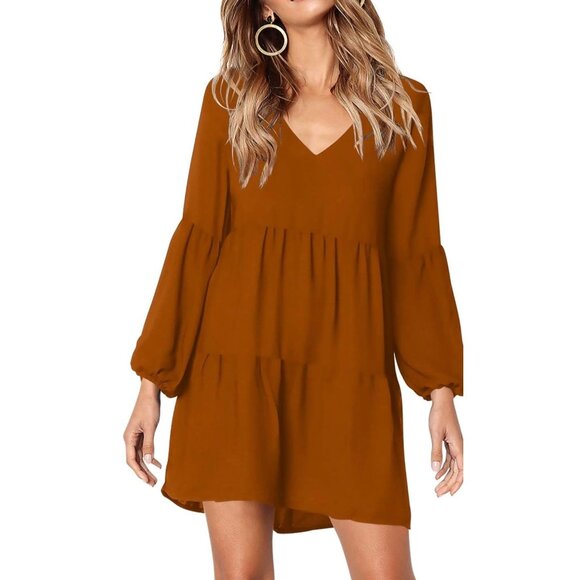 Amoretu Womens V-Neck Long Sleeve Tiered Mini Dress Rust Orange 2XL - Picture 1 of 5